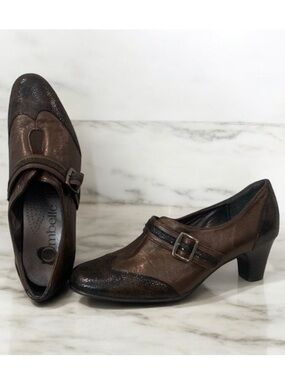 Ombelle Brown Leather Heels, Size 37, Wing Tip & Buckle Detail, Made in France